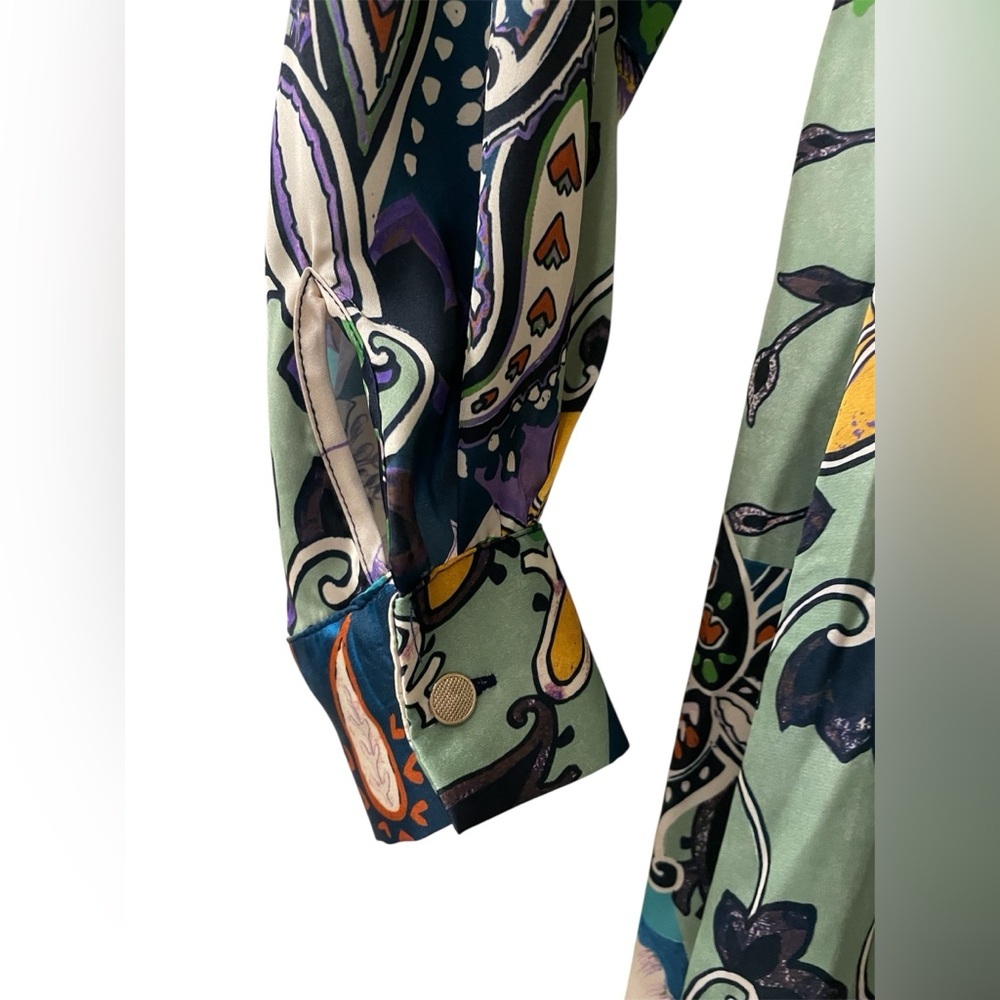 Zara Green Paisley Printed Patchwork Mini Dress Silk Tie Waist Small NWT - Picture 3 of 6